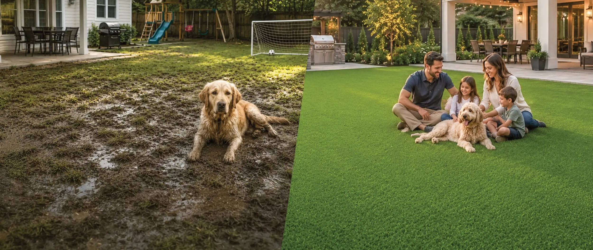 Muddy backyard before and beautiful artificial turf backyard after